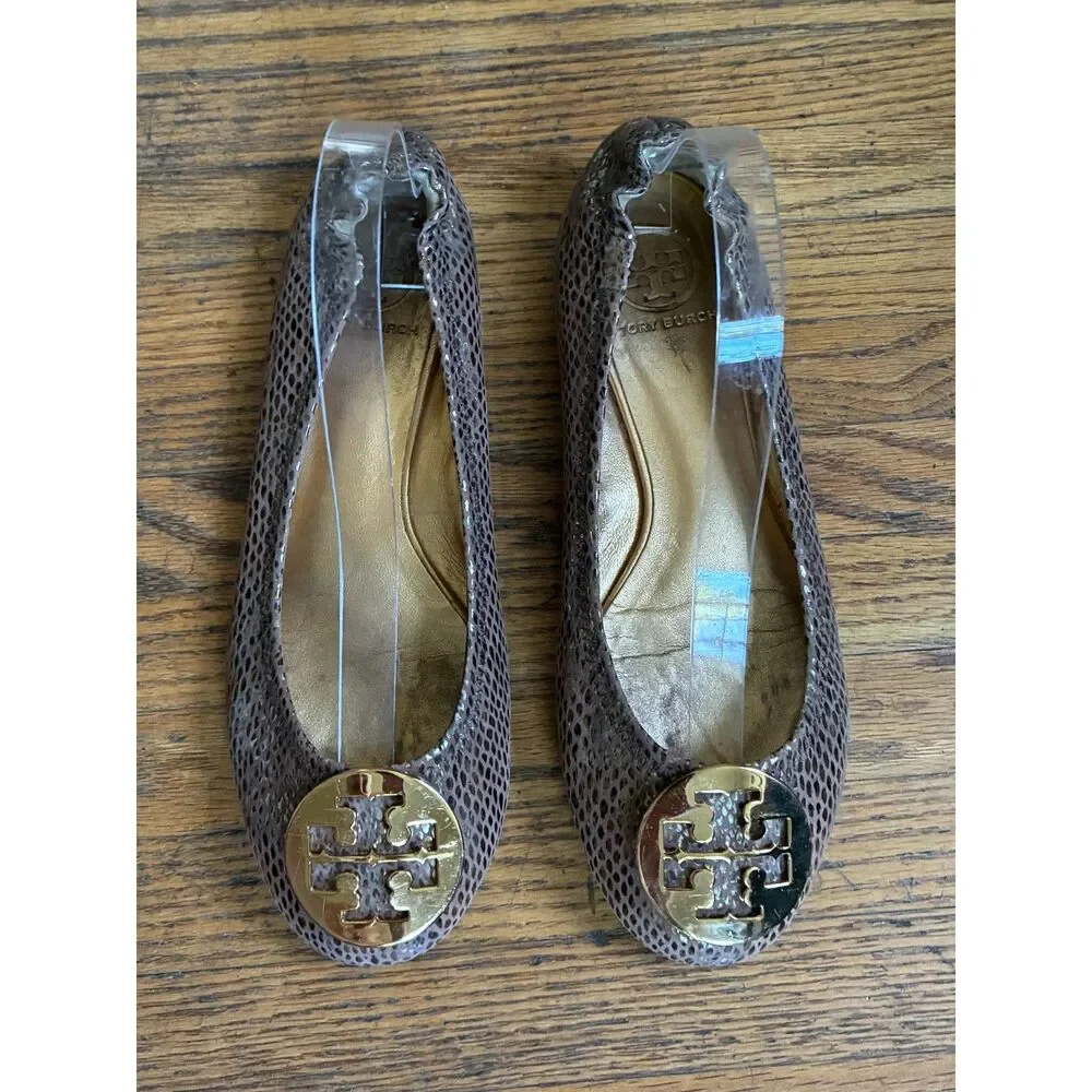 Tory Burch Reva Snake Tan Gray Gold Logo Leather Ballet Flats Shoes   Women's 7